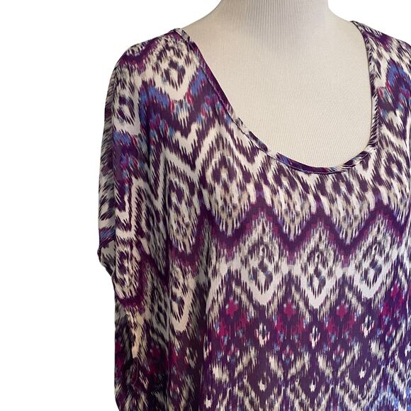 Torrid Purple Ikat Aztec Print Top Women's Size 2X Sheer Cut Out Bow Back Blouse - Picture 4 of 9